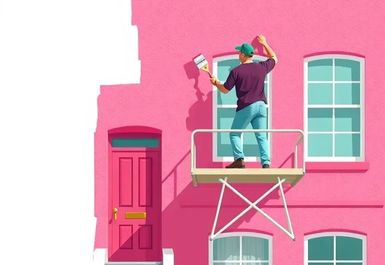 Peintre sur échafaudage traitant la façade d'une maison