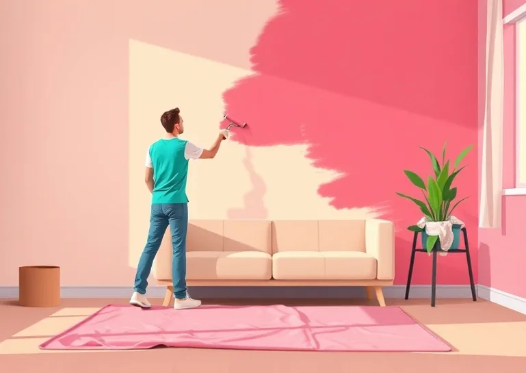 Peintre appliquant la peinture au rouleau sur un mur de salon